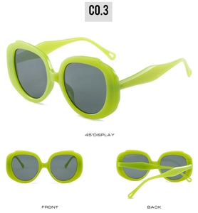 Three perspectives of fluorescent green geometric sunglasses with dark grey lenses