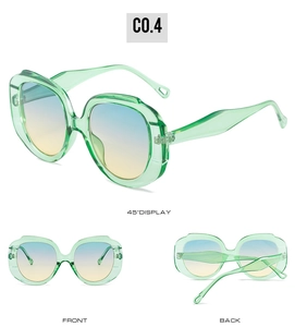 Three-view display of light green geometric sunglasses with yellow-blue gradient lenses