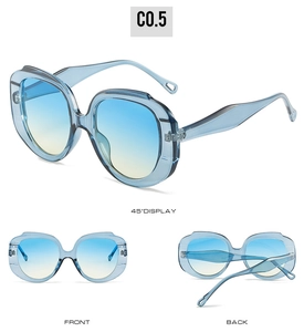 Front and back views of diamond-shaped light blue sunglasses with gradient lenses