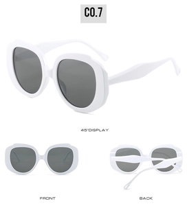Detailed views of white square-frame sunglasses with dark grey UV protective lenses