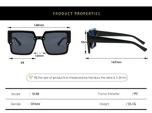 Detailed sizing guide showing measurements 148x55x147mm for square frame sunglasses