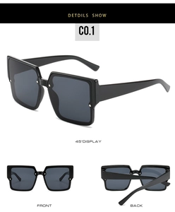 Three-angle view of black oversized square sunglasses with thick temples and grey lenses