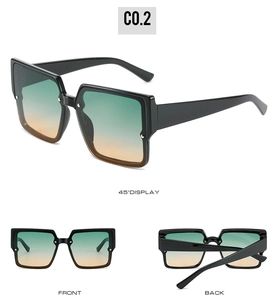 Three angles of square oversized sunglasses with black frame and green orange gradient lenses