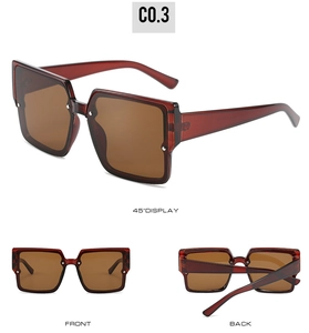 Detailed views of oversized amber square sunglasses showing front, back, and 45-degree angles