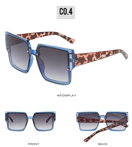 Three-angle view of blue transparent square sunglasses with leopard print temples