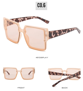 Three-angle views showing peach semi-transparent square frames and leopard print temples