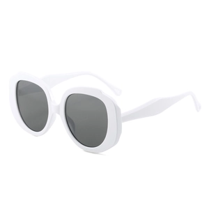Modern white thick frame sunglasses with dark lenses and wavy temples on white background