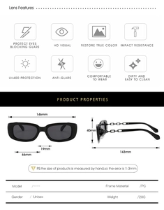 Tableau des tailles détaillé pour lunettes de soleil carrées noires avec branches en chaîne