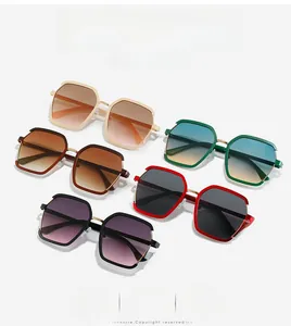 Close-up of geometric sunglasses in five colors with metal temples and gradient lenses