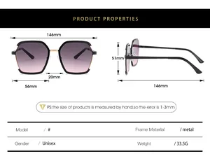 Detailed size chart for metal sunglasses showing frame width, lens size and temple length