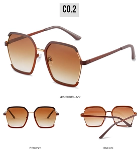 Three-view display of geometric octagonal sunglasses with brown gradient lenses and metal frame