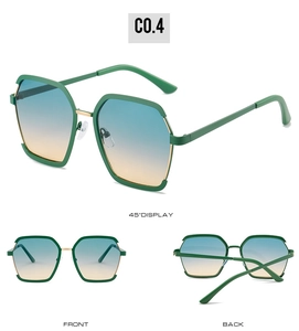 Three-angle view of oversized polygon sunglasses with green frames and blue-orange lenses