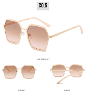 Front and back views of geometric hexagonal sunglasses with pink gradient lenses