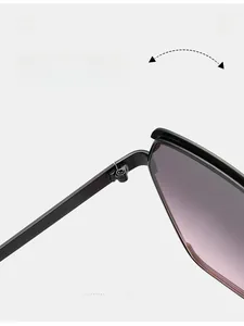 Detail view of durable metal hinge on stylish sunglasses with purple gradient lenses
