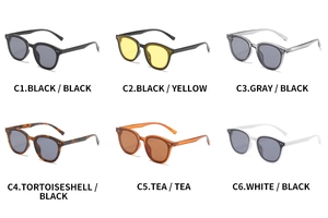 Detailed grid showing six color options of retro cat-eye sunglasses with English color codes