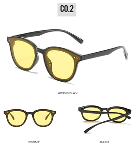 Three-view display of cat-eye sunglasses with black frame and yellow lenses