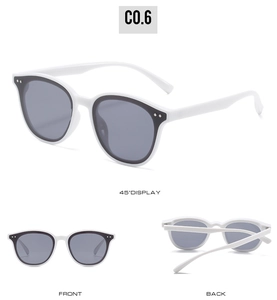 White cat-eye sunglasses with dark lenses shown in front, back, and 45-degree side views