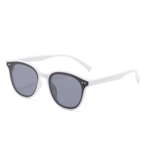 Modern white cat-eye sunglasses with dark grey lenses and silver metal rivets on frame