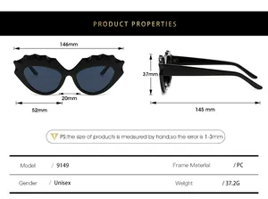 Tableau des tailles pour lunettes de soleil œil de chat avec dimensions et matériau PC
