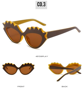 Trois angles de lunettes de soleil œil de chat ondulées en marron et jaune contrasté