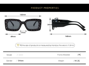 Detailansicht der quadratischen Sonnenbrille mit PC-Material und präzisen Maßen
