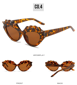Vues détaillées de lunettes de soleil œil-de-chat avec monture écaille et design ondulé