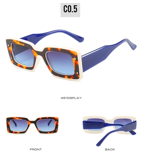 Detaillierte Mehrwinkelansichten der eckigen Schildpatt-Sonnenbrille mit blauen Bügeln