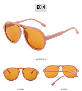 Drei Ansichten der rosa Pilotenbrille für Kinder mit orangen Gläsern und Streifen-Detail