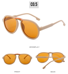Drei-Ansichten-Anzeige der beige Pilotenkinder-Sonnenbrille mit bernsteinfarbenen Gläsern