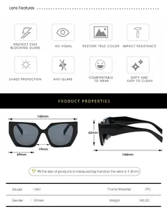 Detailed sizing chart and technical specifications for UV400 square frame sunglasses