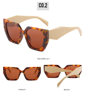 Detailed views of vintage geometric sunglasses with tortoise frames and beige temples