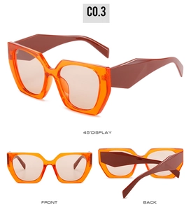 Detailed view of orange cat-eye sunglasses with wide brown temples from multiple angles