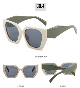Three views of beige square sunglasses with green temples and UV400 dark lenses