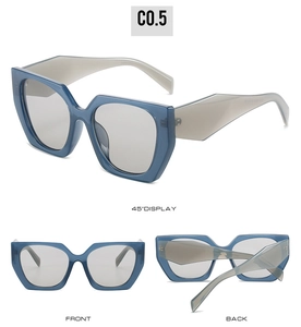 Multiple views of translucent dark blue square frame sunglasses with grey lenses UV400
