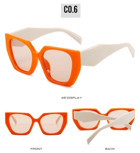 Detailed multi-angle views of retro square sunglasses in orange and cream color block