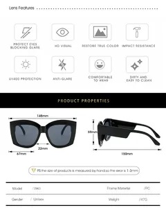 Detailed size specifications for women's large square frame fashion sunglasses with PC frame