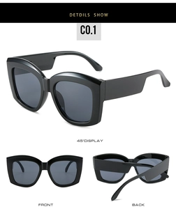 Three-angle view of oversized square black sunglasses with thick frames and dark lenses