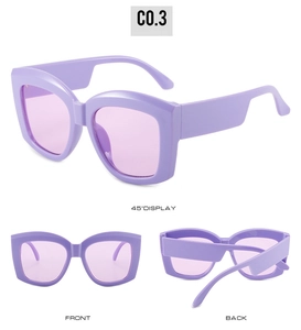 Three-way view of lavender purple square oversized sunglasses showing multiple angles