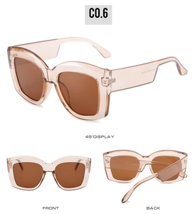 Detailed views of oversized champagne plastic sunglasses with brown lenses from three angles