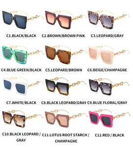 Detailed catalog of trendy oversized square sunglasses with metal chain temples in various colors