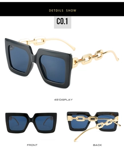 Detailed views of square sunglasses with thick black frames and gold chain temples