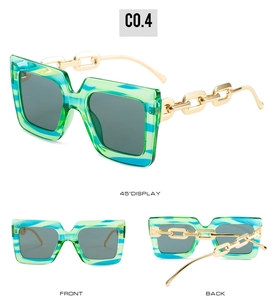 Detailed views of square sunglasses featuring green striped frames and gold chain temples