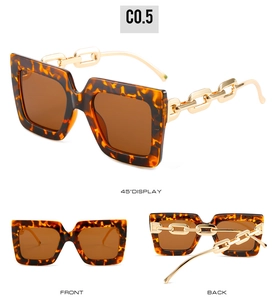 Three views of square oversized sunglasses with tortoise frames and gold chain temples
