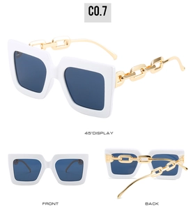 Three-angle view of white square frame sunglasses featuring chunky gold chain temples