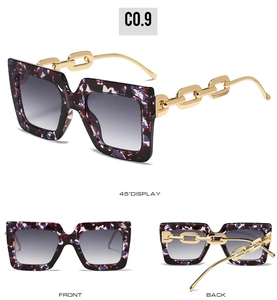 Three-view layout of square tortoiseshell sunglasses with chunky gold chain temples