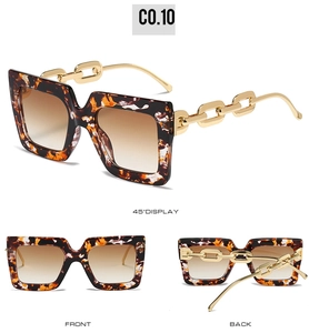 Detailed views of square tortoise sunglasses with gradient lenses and gold chain temples