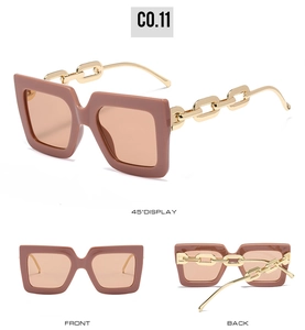Three-way view of square frame sunglasses with luxury gold chain design on the temples
