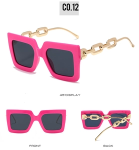 Hot pink square oversized sunglasses featuring modern chunky gold metal chain temples