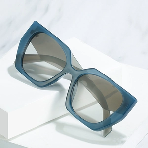 Modern thick-framed oversized geometric sunglasses with blue frames and dark UV400 lenses