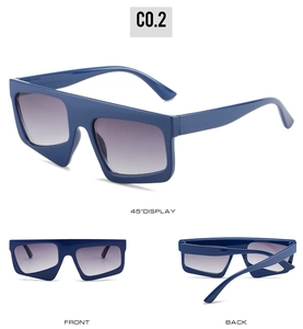 Detailansicht von vorne, hinten und 45-Grad-Winkel der dunkelblauen geometrischen Sonnenbrille